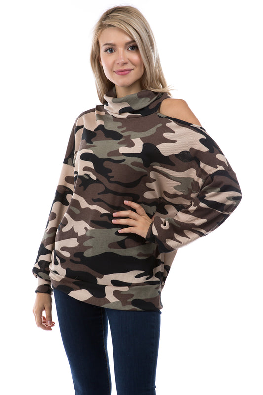 ELISE OPEN SHOULDER TURTLE NECK TOP (BROWN CAMO)-VT2842