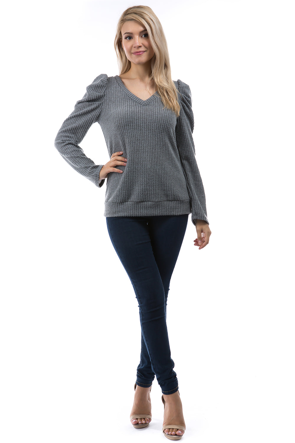 BRIDGET PUFF SLEEVE V NECK TOP (BRUSH GREY)-VT2857