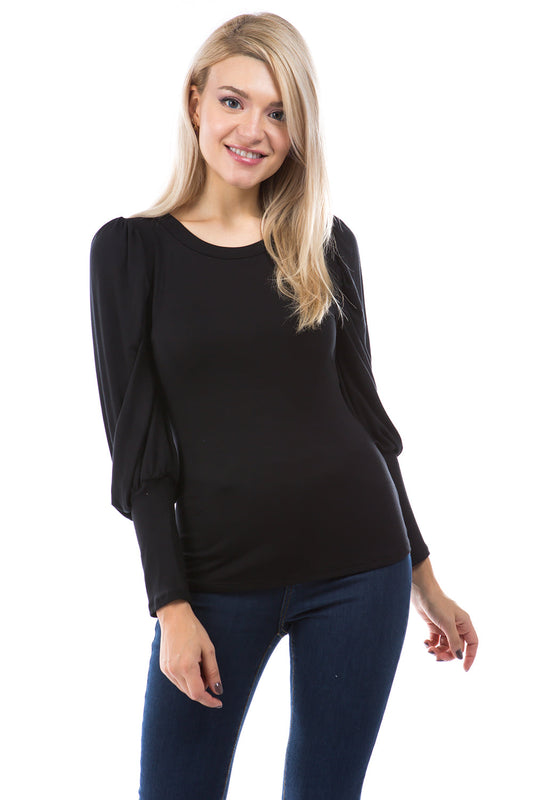 ANN BALLON SLEEVE BOAT NECK TOP (BLACK)-VT2863