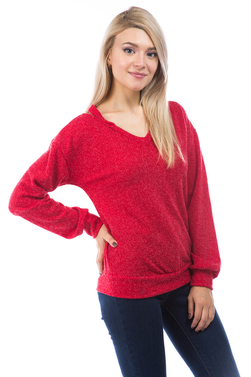 SYBIL COLD SHOULDER TOP (RED CORDED SWEATER)-VT2869