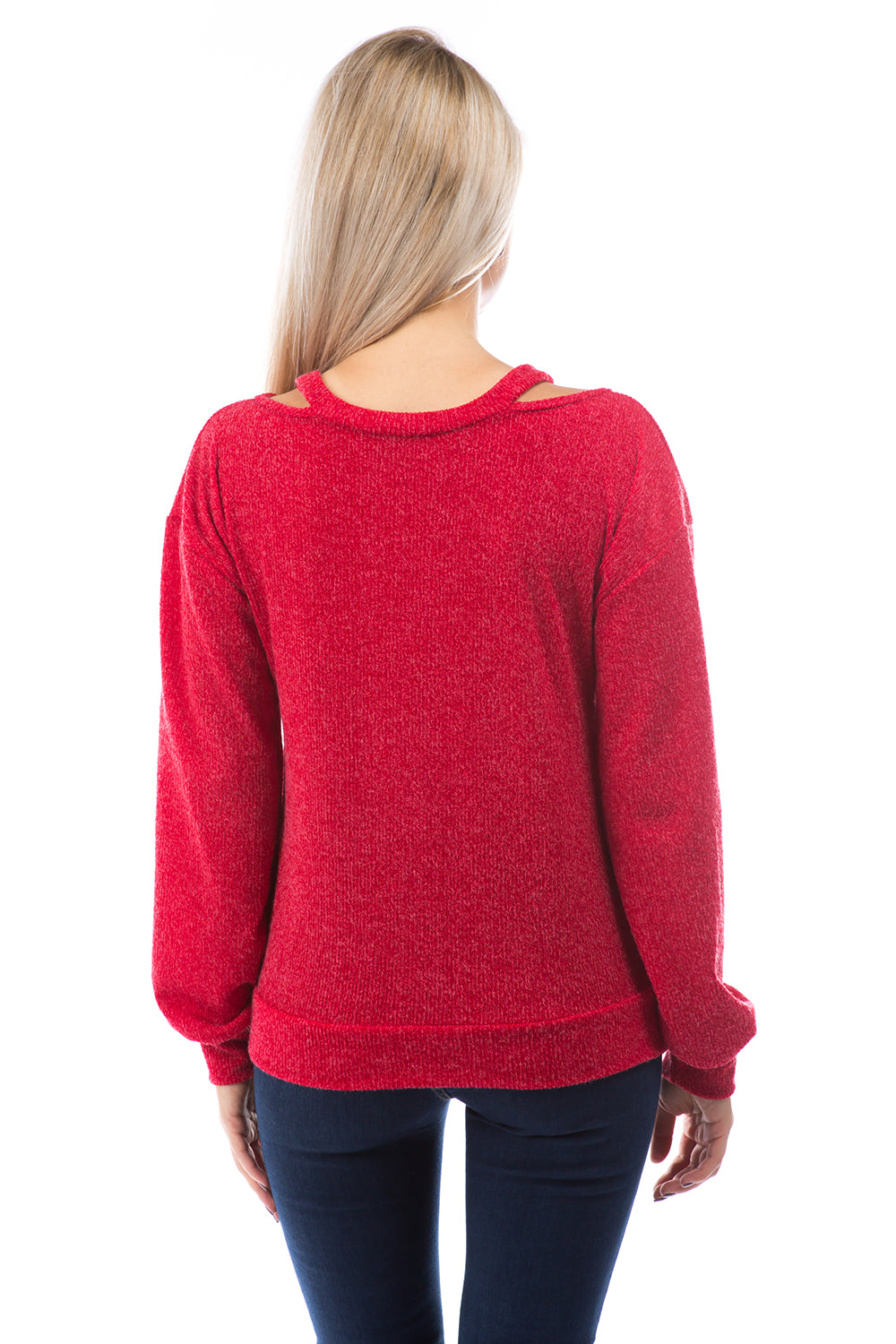 SYBIL COLD SHOULDER TOP (RED CORDED SWEATER)-VT2869