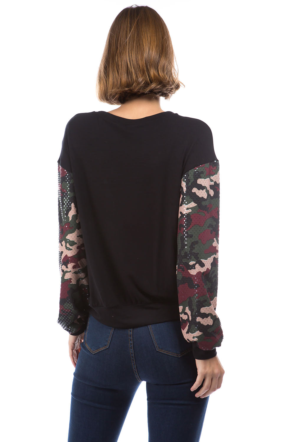 LAUREN SEQUINS CAMO SLEEVE TOP (BLACK / SEQUINS CAMO )- VT2876