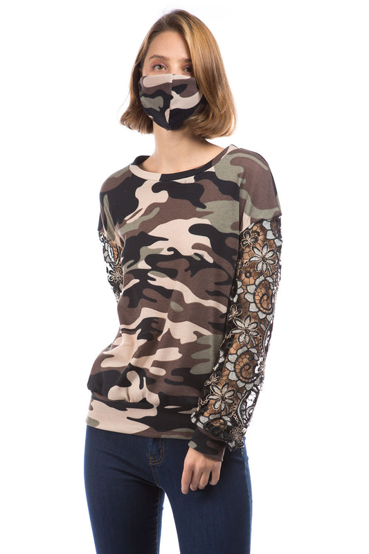 LAUREN LACE SLEEVE TOP (BROWN CAMO / BLACK LACE )- VT2876