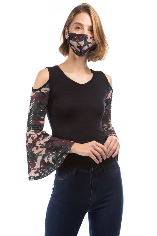 LAUREN BELL SLEEVE TOP (BLACK / SEQUINS CAMO)- VT2878