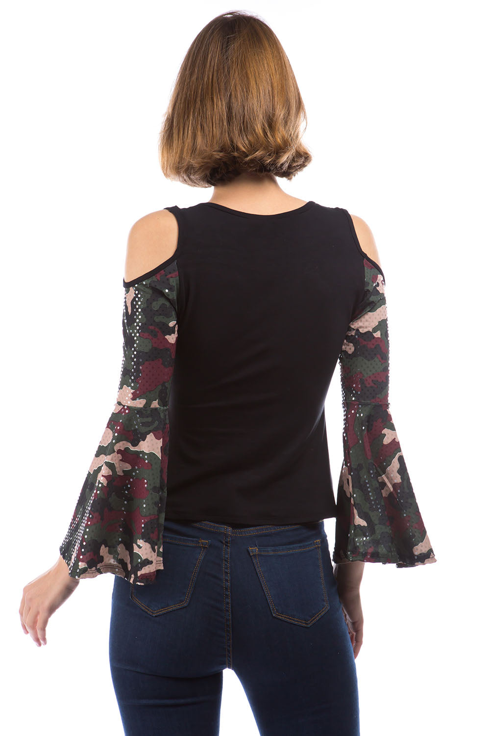 LAUREN BELL SLEEVE TOP (BLACK / SEQUINS CAMO)- VT2878