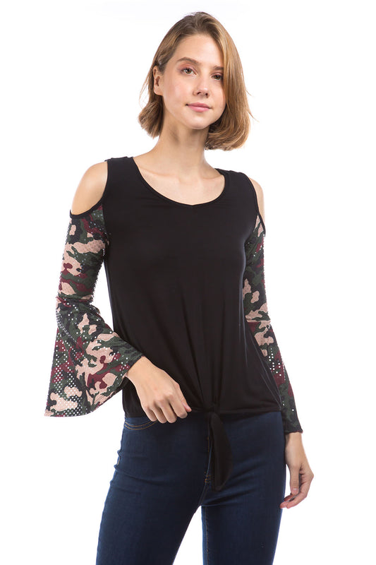 LAUREN FRONT TIE TOP (BLACK / SEQUINS CAMO )- VT2879