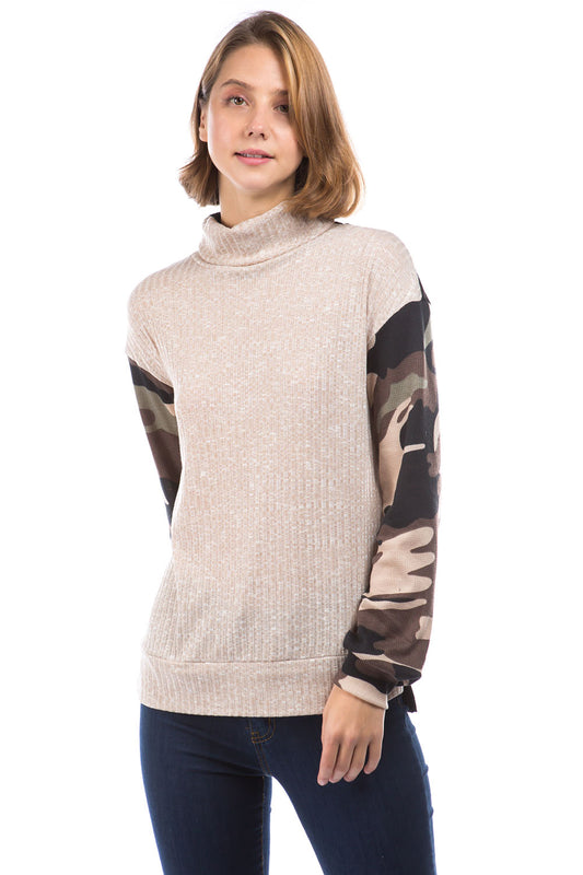 LAUREN TURTLE NECK TOP (OATMEAL 5x4 RIB / BROWN CAMO)- VT2880