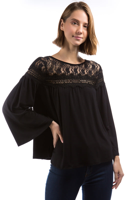 LEAH LACE YOKE TOP (BLACK)-VT2884