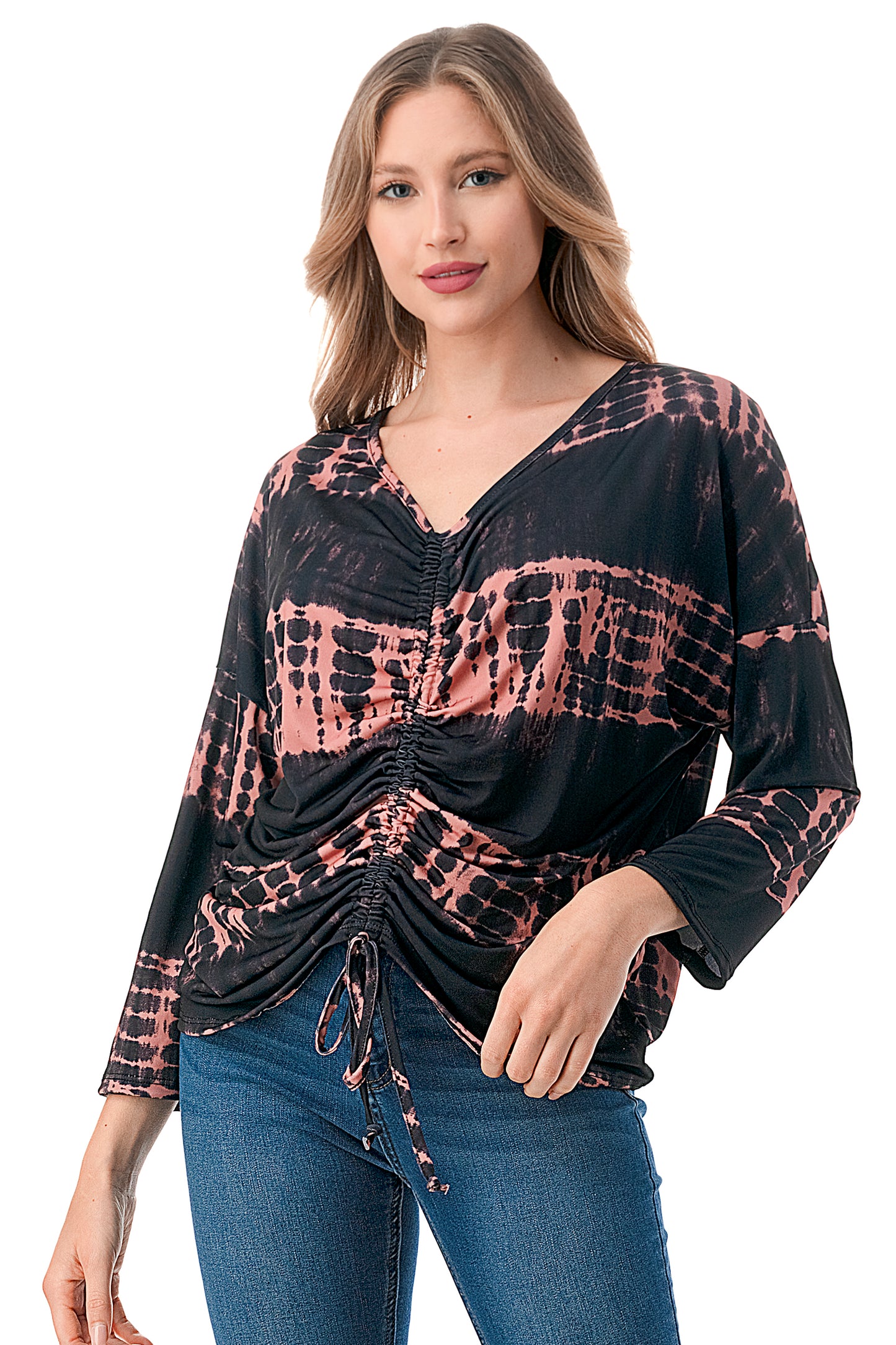 ACACIA CENTER DRAW SHIRRING TOP (BLACK RUST TIE DYE)- VT3006