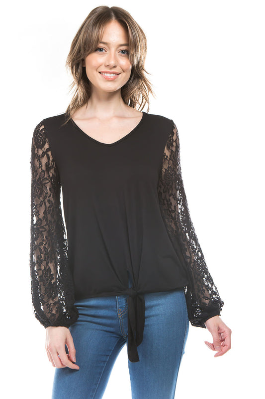 NORAH FRONT TIE V NECK TOP (BLACK/BLACK LACE)- VT3023