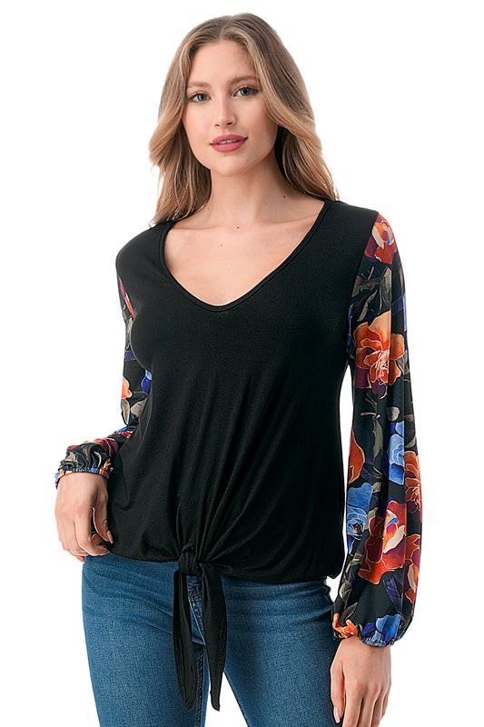 NORAH FRONT TIE V NECK TOP (BLACK/FALL FLOWER)- VT3023