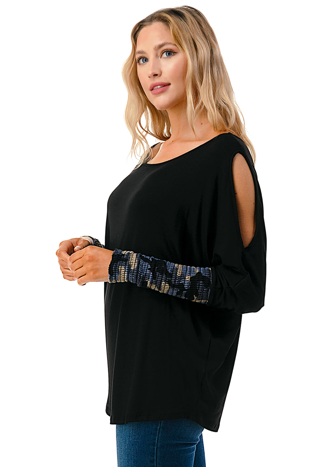 MILLIE SMOKING  CUFFS TOP (BLACK / BLUE CAMO)- VT3041