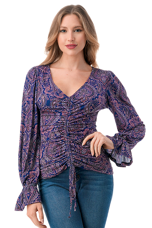 EMBER CENTER DRAW SHIRRING TOP (PURPLE PAISLEY)- VT3045J