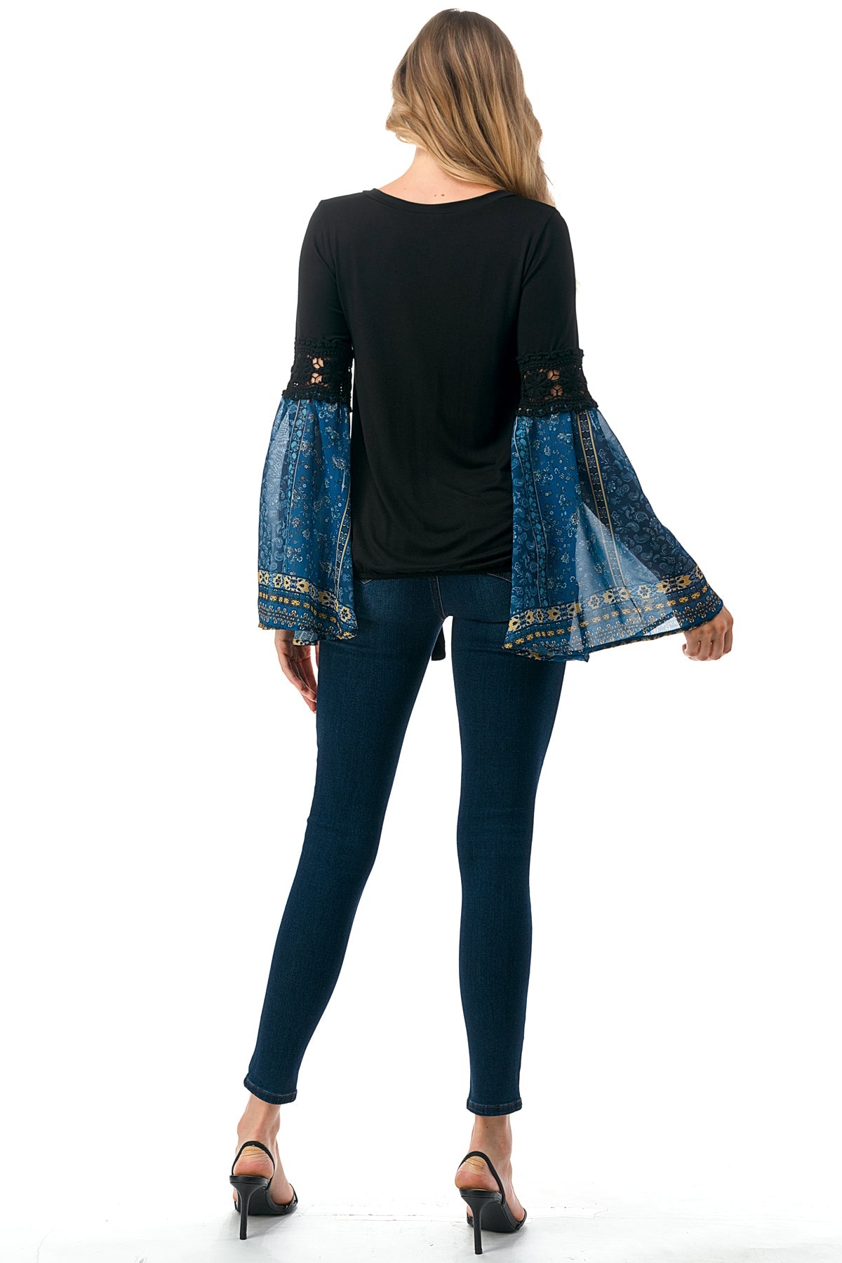 EMBER BELL SLEEVE TOP (BLACK/TEAL BOHO)- VT3068