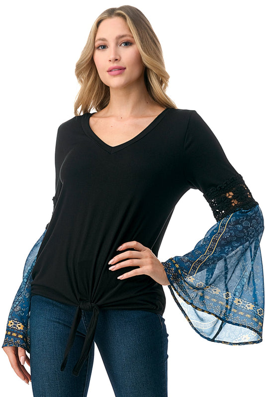 EMBER BELL SLEEVE TOP (BLACK/TEAL BOHO)- VT3068