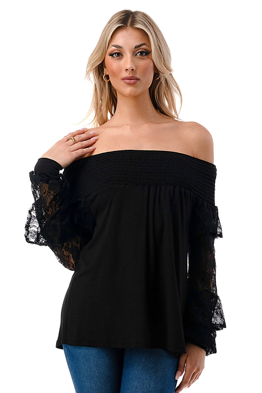 JAMIE 2 LAYER OFF SHOULDER TOP (BLACK / BLACK LACE)- VT3095