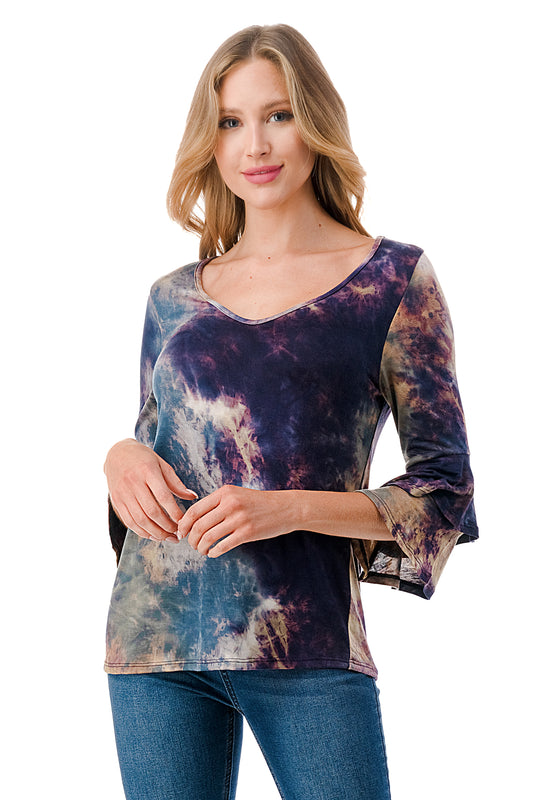 CORDELIA RUFFLE SLEEVE TOP (TAUPE TEAL TIE DYE)- VT3158