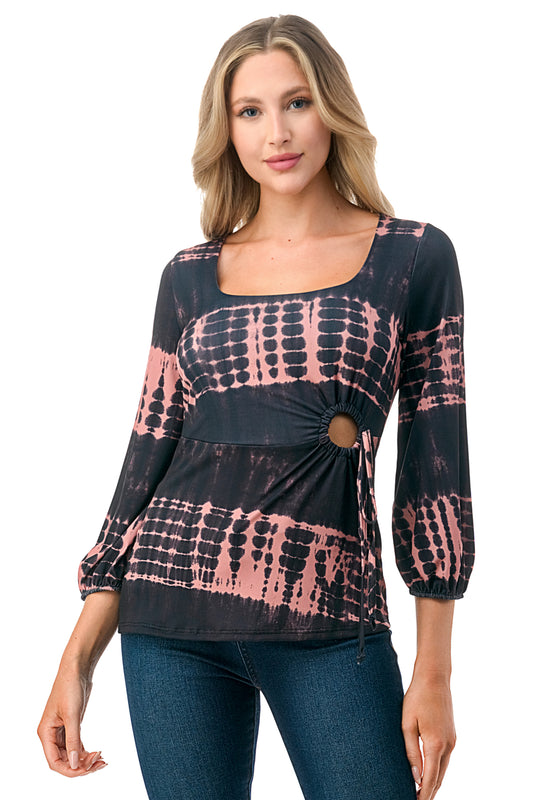 FRANCES FRONT KEY HOLE RIBBON TOP (BLACK/RUST TIE DYE)- VT3166