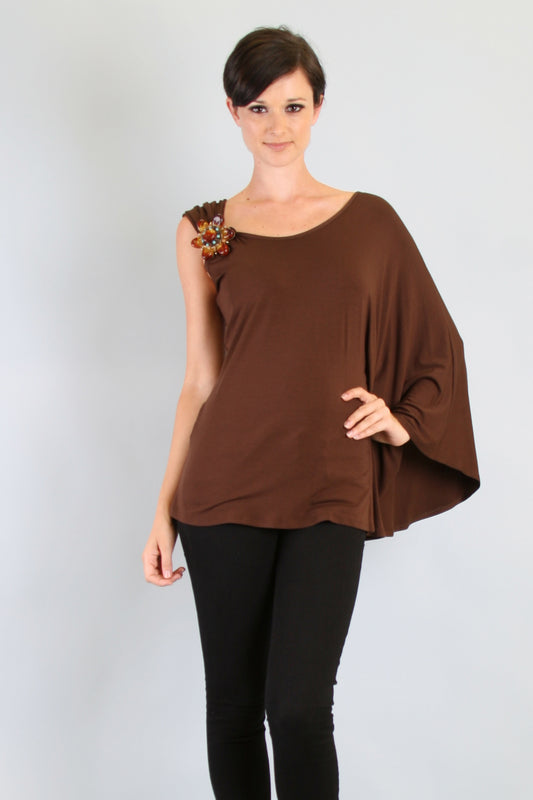 SUZANNE ONE SHOULDER TOP (BROWN)-VT7379